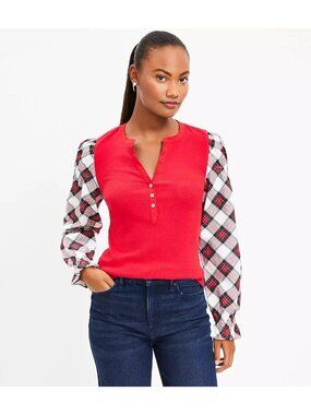 Ann Taylor LOFT Women's Red Plaid Henley Mixed Media Top Size XL